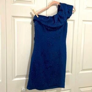Blue embossed satin one should mini dress